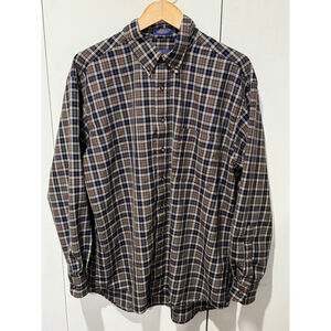 Men's Pendleton Plaid Casual Button Down long sleeve wool Shirt XL Brown Navy